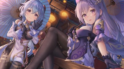 blue hair, purple hair, women, two women, Genshin Impact, keqing