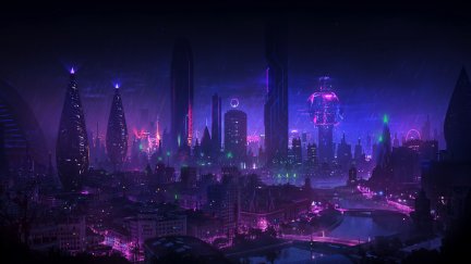 DominiqueVanVelsen, cyberpunk, city, night, rain, neon glow, cityscape