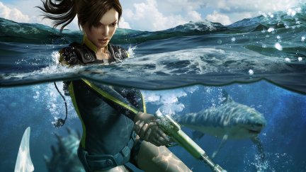 video game characters, Lara Croft (Tomb Raider), shark, split view, sea