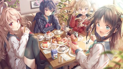 women quartet, group of women, anime, anime girls, Blue Archive, food ...