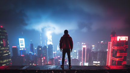 standing, AI art, cyberpunk, neon, illustration, silhouette, city ...