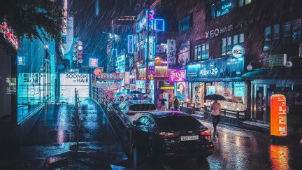 photography, road, South Korea, city, neon, city lights, rain