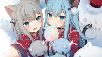 blue hair, cat girl, blush, long hair, Amashiro Natsuki, nacho neko