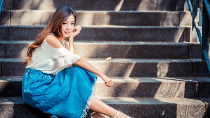 Asian Model Women Long Hair Dark Hair Sitting Barefoot Sandal Depth Of Field Stairs