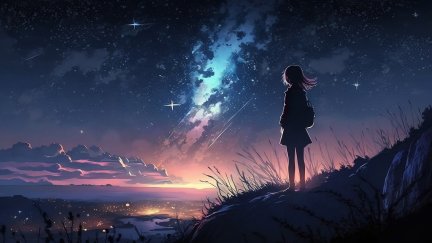 anime girls, landscape, shooting stars, nightscape, night sky, stars ...