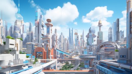 AI art, city, clouds, futuristic, skyscraper, blue, bright, colorful ...
