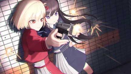 short hair, blonde, long hair, two women, girls with guns, anime, anime ...