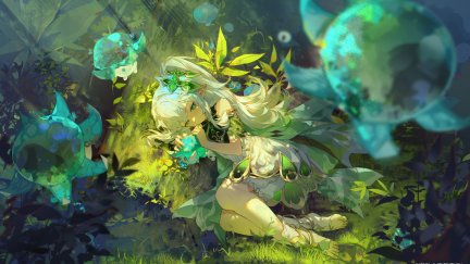 long hair, green eyes, looking at viewer, anime girls, grass, leaves ...