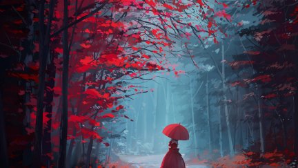 anime girls, umbrella, forest, digital art, digital, red | 1414x1000
