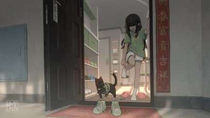 long hair, Hua Ming wink, standing on one leg, pulling socks, anime ...