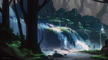 Andreas Rocha, standing, artwork, digital art, ruins, waterfall, trees ...