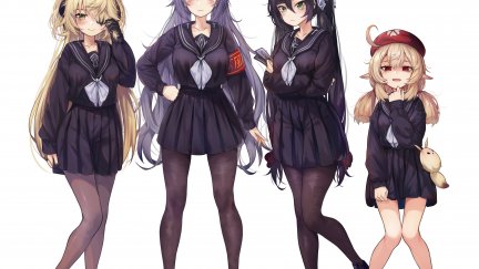 long hair, Torriet, anime girls, pantyhose, school uniform, Genshin