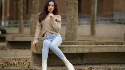 Asian, model, women, long hair, dark hair, sitting, bench, depth of ...