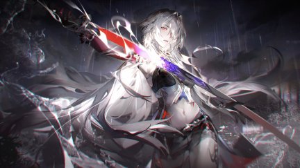 long hair, open mouth, women with swords, hair over one eye, red eyes ...