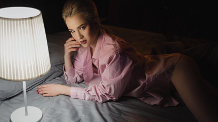 Women Sergey Zhirnov Blonde In Bed Lada Golec Lamp Shirt Pillow Pink Shirt X