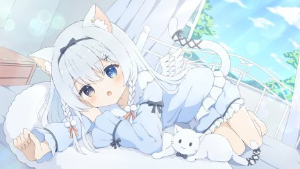 Cute Kawaii Anime Girl with Blue Eyes and White Hair Lies on the