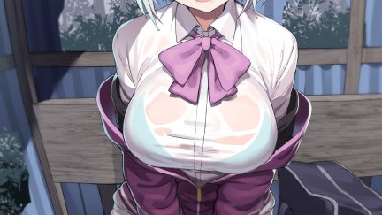 Mosu_G, big boobs, thighs, blue bra, cleavage, JK, short hair, purple hair, bangs, hair in face 