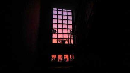 dark, window, stairs, indoors, interior, purple sky, plants | 2560x1440 ...