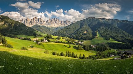 nature, landscape, mountains, clouds, trees, forest, village, path ...