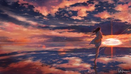 original characters, anime, anime girls, clouds, sunset, sky, water ...