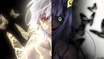 white hair, red eyes, green eyes, butterfly, anime girls, anime boys