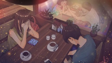 couple, sitting, MacaronK, anime, cafe, sadness, eating, restaurant