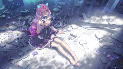 cat girl, cybergirl, anime, flowers, cyber, cyberpunk, 4K | 5744x2880