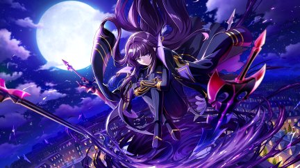 looking at viewer, long hair, blue hair, The Eminence in Shadow, Shadow  Garden, anime, Moon, Silon (Epsilon), scythe, anime girls, moonlight, city  lights, cityscape, twintails, pointy ears, night, sky, purple eyes, clouds