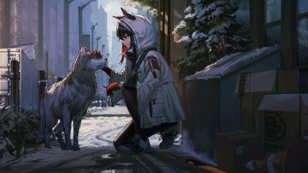 Arknights, animal ears, wolf, snow, smiling, wolf girls, anime girls