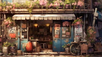 store front, AI art, plants, stores, Japanese, bicycle | 3360x1440 ...